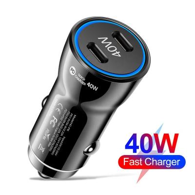 China 2 Type C PD Fast charging Wholesale Fast Charging 40w USB C In Car Charger Adapter 3.0 Car Phone 36w 2 Port USB Type C Tipo C phone charger for sale