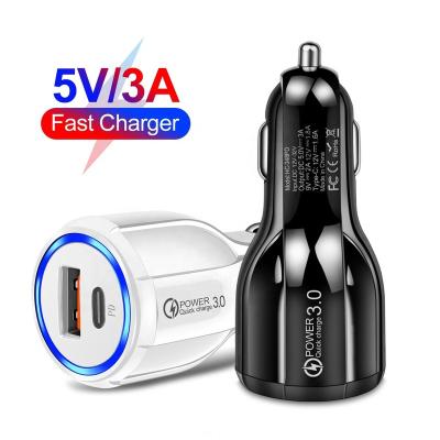 China USB + Type C PD Fast charging Smart Portable Dual USB 3A Car Adapter Mobile Phone QC3.0 PD 18W Type C Cell Phone Laptop Fast Car Charger for sale