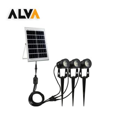 China Residential ALVA Solar Spike One Panel with Two or Three Spike Lights COB Control Auto Regulator 2*5W or 3*5W with 4m Cable White or RGB for sale