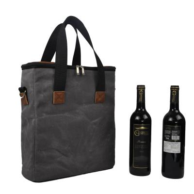 China Waterproof Custom Logo Waxed Canvas Insulated Wine Cooler Bag Wine Storage Bag With Leather Handle for sale