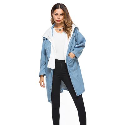 China Cotton Breathable Blue Spliced ​​Long Sleeve Pockets Loose Fit Knee Long Jeans Coat for sale