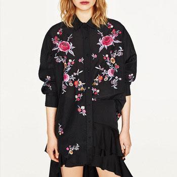 China Breathable Custom Asymmetric Floral Embroidery Edge Black Long Sleeve Women Shirt for sale