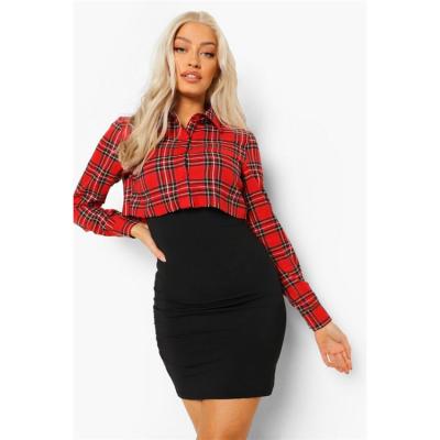 China Anti Static Custom Color Blocking Casual Women Check Shirt And Mini Bodycon Dress for sale