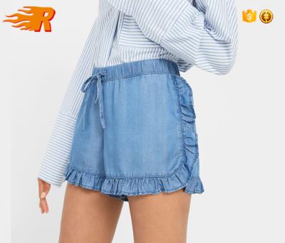 China Custom Hot Selling Anti-wrinkle Elastic Waist Ruffled Blue Denim Shorts Women for sale