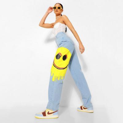 China 2021 Breathable Smiley Print Baggy Boyfriend Jeans Women Fashion Jeans Denim for sale