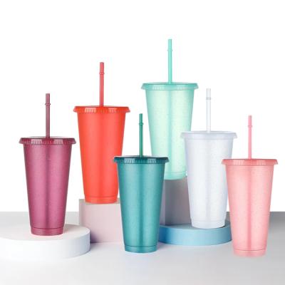 China Sustainable Portable Reusable Plastic Instant Coffee Water Bottle Powder Drinks Cup Glitter Tumbler With Straws Lid Drinkware for sale