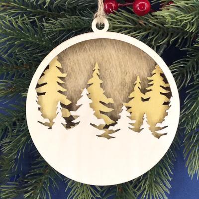 China Christmas Ornament Christmas Tree Decoration Hanging Tree Style Wooden Christmas 3D Hanging Ornament Round Cutout Laser Cut Hanging Ornament for sale