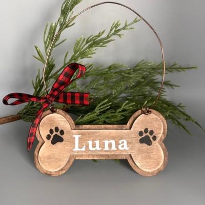 China Christmas Decoration New Arrival Dog Bone Ornament Dog Gift Monogram Print Wooden Name for sale