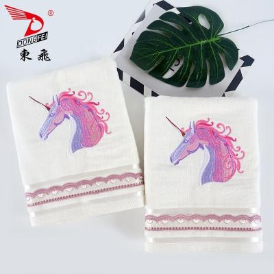 China Light Color Fashion Unicorn Disposable Embroidery And Lovely Lace Velvet Bath Towel Set for sale