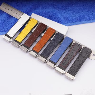 China 26*20mm Real Cow Stainless Steel Leather Rubber Watch Band With Silver Watch Clasp For Hublot Big Bang for sale