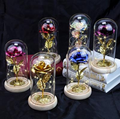 China Festival ; Wholesale Multi Type Gold Color Valentines Mothers Day Gift Valentines Day Decoration Led Light Glass Preserved Flower Rose for sale