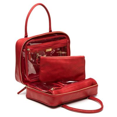 China Large Capacity PU Organzier Makeup Toiletry Travel Case Storage Red Leather Portable Hanging Cosmetic Bag for sale