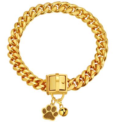 China Stocked Fast Shipping Pet 14mm Cuban Link Dog Collar With Safe Instant Buckle 18K Gold Plated Stainless Steel Metal Dog Chain 10~24 Inches for sale