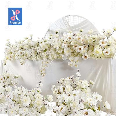 China Wedding Party Decor Natural Promise Touch Flower 3D Runner Centerpiece Custom White Mounted Artificial Flower Table Runner for sale