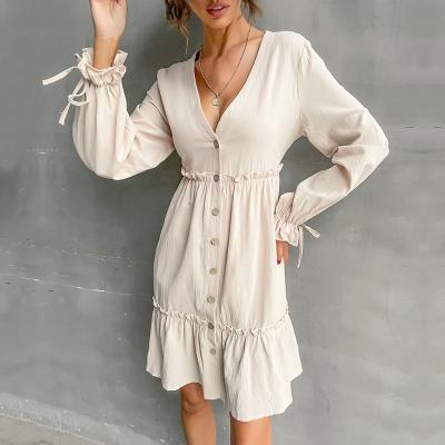 China Anti-Static Button Up Sleeve Wholesale Mini Smocked Dresses Long Dress Pure Apricot for sale