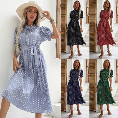 China 2021 New Anti-static Hot Casual Spring Summer Sleeve Shorts Women Dress Ladies Ruffles O Neck Loose Print Dresses Women Midi Clothing for sale