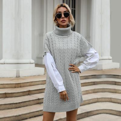 China New Fashion Anti-Wrinkle Women Girls High Collar Loose Short Sleeve Casual Solid Color Knit Knitwear Sweater Vest Dress for sale