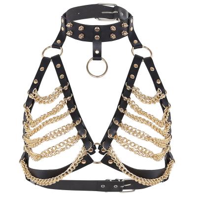 China Gothic Punk Gothic Fashion Metal Girl Festival Jewelry Body Bra Chain Harness Chest Bra Witch Punk Leather Waistband Accessories for sale