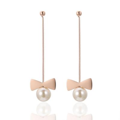 China Other Bowknot Pearl Tassel Earrings Synthetic Pearl Long Drop Earrings Creative Jewelry for sale