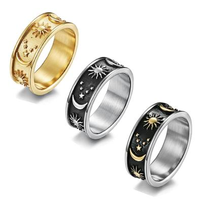 China Anel Unique Design Vintage Moon Star Sun Statement Ring High Quality Gold Plated Boho Stainless Steel Finger Ring For Women Men for sale