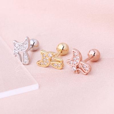 China Fashion Jewelry TRENDY Silver Zircon Pet Animal Ear Piercing Gold Plated 925 Sterling Silver Stud Screw Earring Cat Shape Earrings for sale