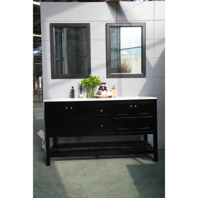 China Traditional Double Bowl Vanity 60 Inch Bathroom Open Shelf In Black for sale