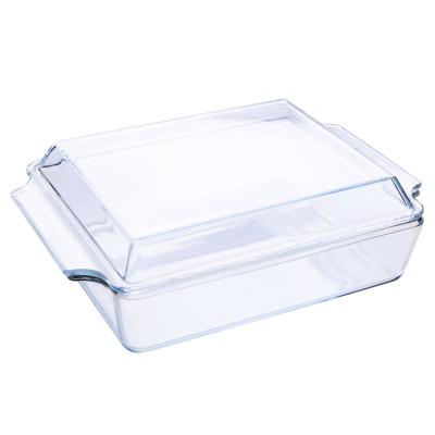 China Sustainable 2L Clear Borosilicate Tempered Glass Rectangular Heat Resistant Casserole Mold With Handle for sale