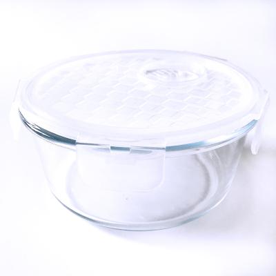 China 0.9L Borosilicate Heatable High Quality Round Heat Resistant Tempered Glass Container With Lid BPA Free for sale