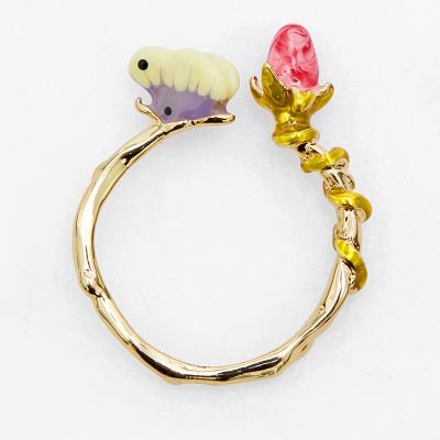 China CLASSIC Factory Outlet 18k Gold Plated Hot Pink Bud Rose Green Leaf Butterfly Open Ring Gift For Girlfriend Jewelry Sale Enamel for sale