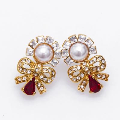 China FASHIONABLE cheap gold plated drop gemstone earrings high fashion jewelry diamond pearl sunflower red bow water for friends gift for sale