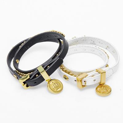 China Hot Selling Cheap Custom Vintage Crown Black/White Brass Gold Plated Double Layer Wrapped Bracelet Metal Leather Chain for sale