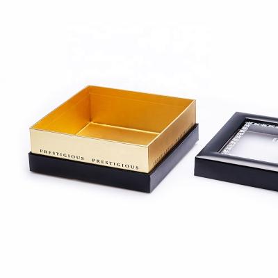 China Recycled Materials Custom Unique Luxury Black Lid Logo and Low Rigid Cardboard Gift Box with Clear Window for sale