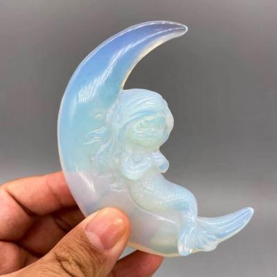 China Europe Healing Quartz Crystals Spiritual Stone People Open Opalite Moon Mermaid Carved Products For Home Decoration for sale