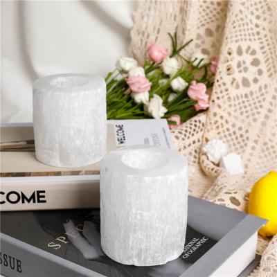 China Modern Spiritual Healing Products Crystal Stones Folk Crafts Selenite Round Candle Holder For Home Decor for sale