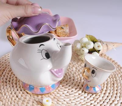 China Viable Cartoon Beauty and the Beast Mrs. Potters Chip Tea Pot Cup Sugar Bowl Cogsworth Saucer Set Painted Porcelain Christmas Gift for sale