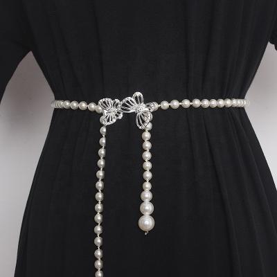 China Pearl plastic white waist butterfly chain belt for women in summer skirt elastic decoration belt thin accessories for women for sale