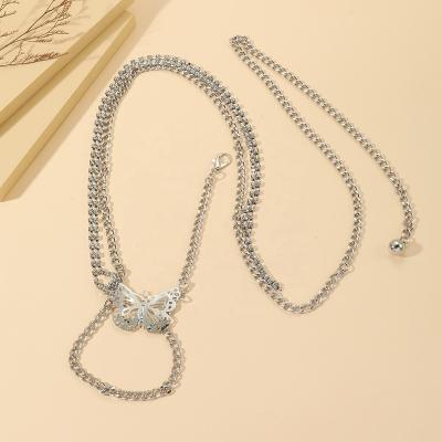 China Factory wholesale designer rhinestone silver crystal butterfly metal directly three layers waist pendant chain for sale