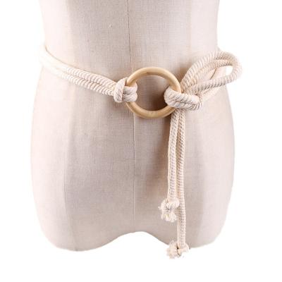 China Thin 100% cotton lady belt log button knotted tassel sash cord rope belts for wome for sale