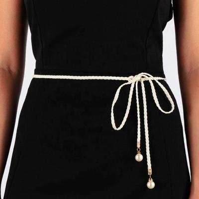 China Factory Handmade Thin PU Braided Pearl Women Waist Belt Decoration Skirt Decoration Rope Lady Waist Female Joint for sale