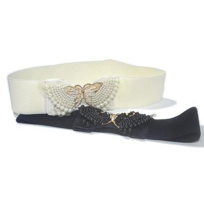 China Factory Price Grace Decorative Handmade Pearl Butterfly Elastic Belts For Women for sale