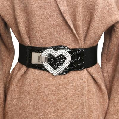 China Black Polyester PU Rhinestone Belt Fashion Love Heart Belt Buckles Elastic Belts For Women for sale