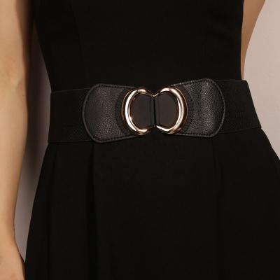 China Wholesale Designer Elastic Double C Fabric Elastic Wide Waistband Women PU Waist Belt Women for sale