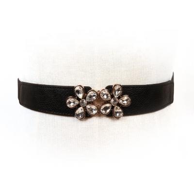 China PU 1 Inch Fashion Dress Belt Flower For Decoration Rhinestone Beads Elastic PU Belts for sale