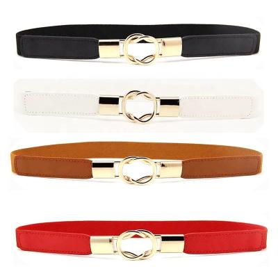 China Hot sale women's fabric elastic fashion double C leather belt metal buckle skinny elastic waistband for sale