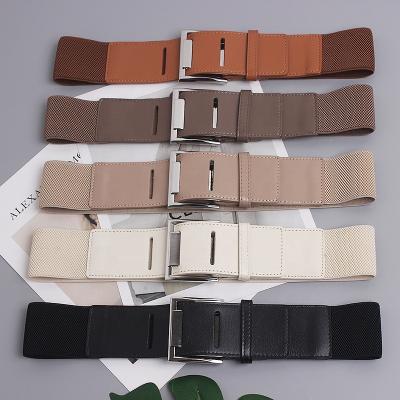 China PU Patchwork Elastic Patchwork Leather Belts Elastic Square Fabric Maker Wide Belt With Dress Shirt for sale