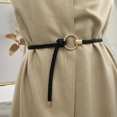 China European and American PU women weave soft round buckle thin PU braided belt decoration dress belt for sale