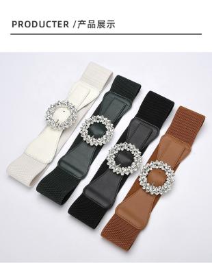 China PU Factories Elastic Waist PU Leather Belt For Dress Shiny Rhinestones Around Buckle Belts For Women for sale