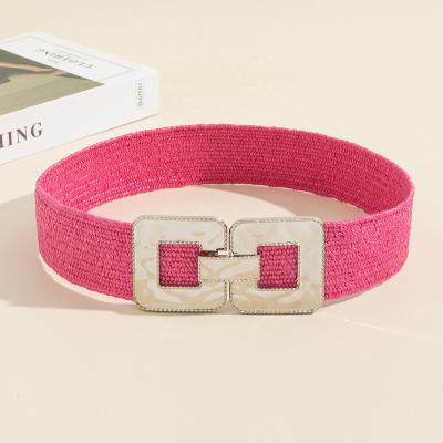 China Straw Geometric Double Decor Symmetrical Metal Buckle PP Straw Woven Belt Elastic Leather Wide All Match Stretch Fashion Waist Belt for sale