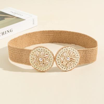 China Straw Woven Elastic Stretch Waist PP Straw Women Dress Belt Strap Double Strap Fashion Skinny Around Metal Female Buckle for sale