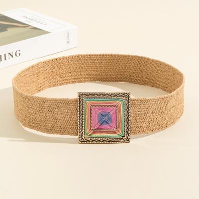 China Straw Weaving Ladies Elastic Belt Wax Yarn Casual Fashion Colorful Pattern Around Rope pp Straw Weaving Belt Ladies Decorative for sale